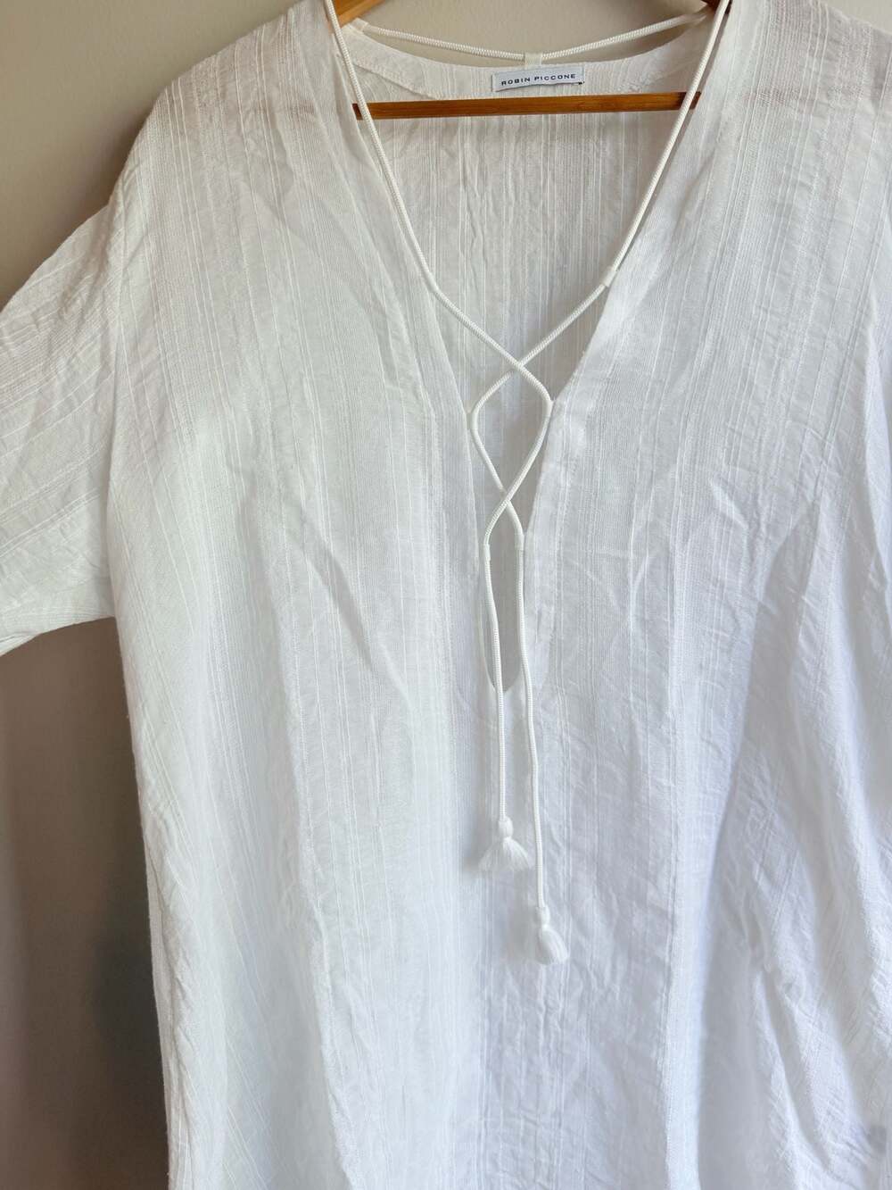 Robin Piccone Natalie Lace-Up Fringe Tunic Swim Cover-Up, White, Size L - Picture 3 of 8